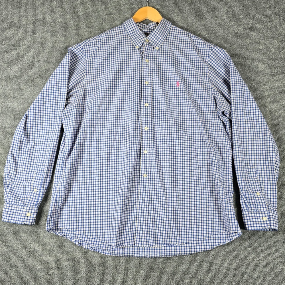 Ralph Lauren Men's XXL Blue Gingham Check Button Down Shirt Pink Pony Logo